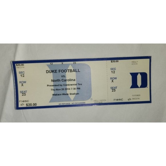 2014 DUKE vs NORTH CAROLINA TARHEELS football game stub 11/20/2014 12/X/23 - Picture 2 of 3